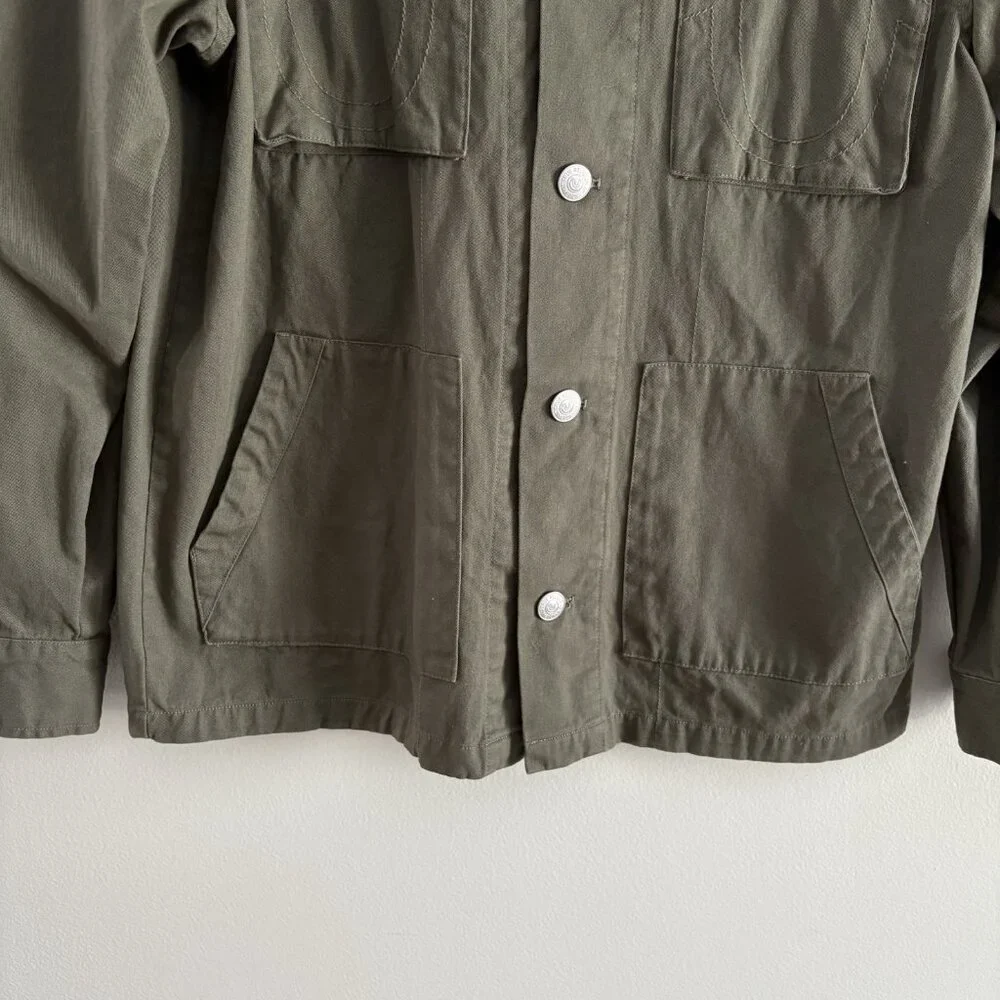 True Religion Men S Olive Green Casual Button Front Buddha Logo Military Jacket